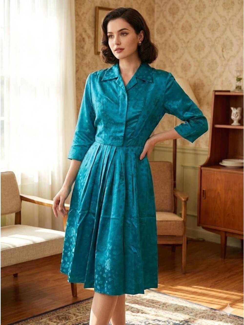 Vintage 50s Blue Silk Brocade Shirt Dress Rockabilly Pinup Shiny Jacquard Small